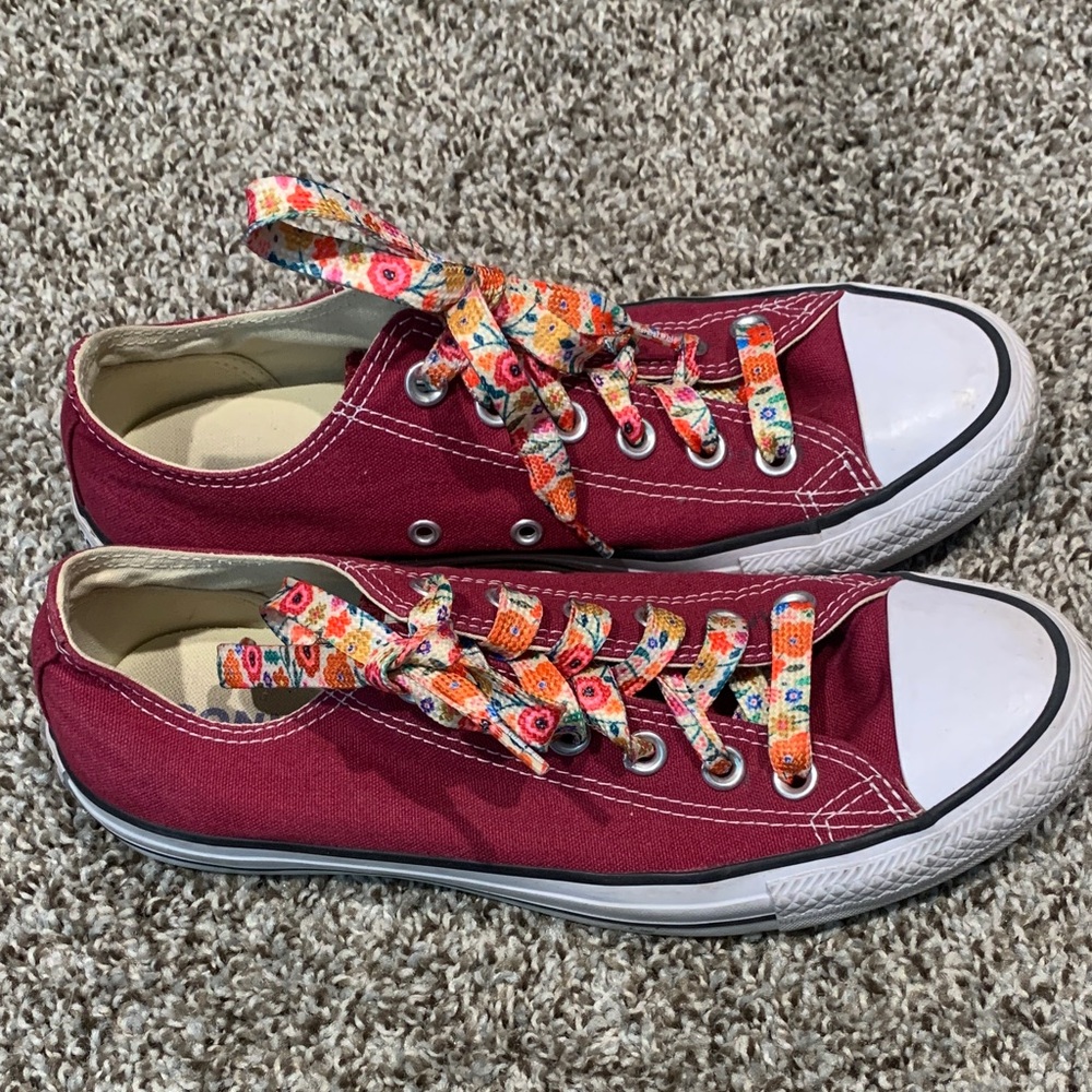 Maroon Canvas Converse with Floral Laces